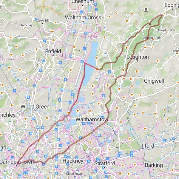 Map miniature of "Gravel Riding in East London's Nature" cycling inspiration in Inner London — East, United Kingdom. Generated by Tarmacs.app cycling route planner