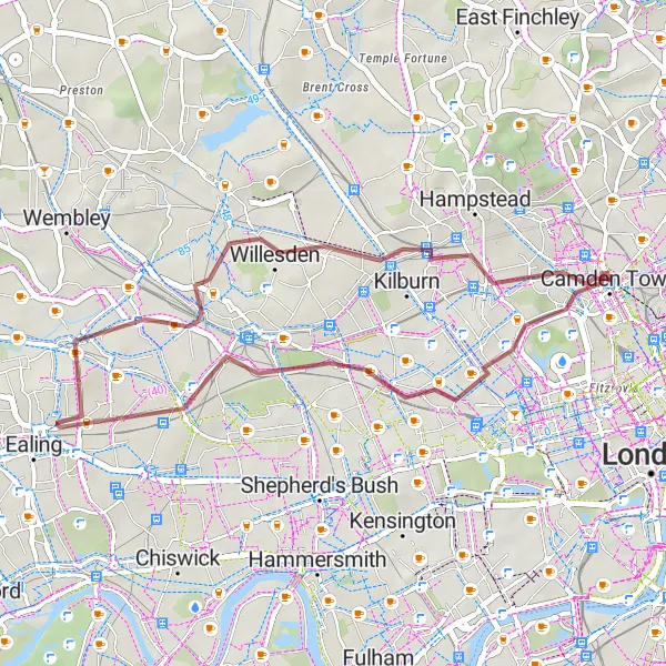 Map miniature of "Camden Lock Market Gravel Ride" cycling inspiration in Inner London — East, United Kingdom. Generated by Tarmacs.app cycling route planner