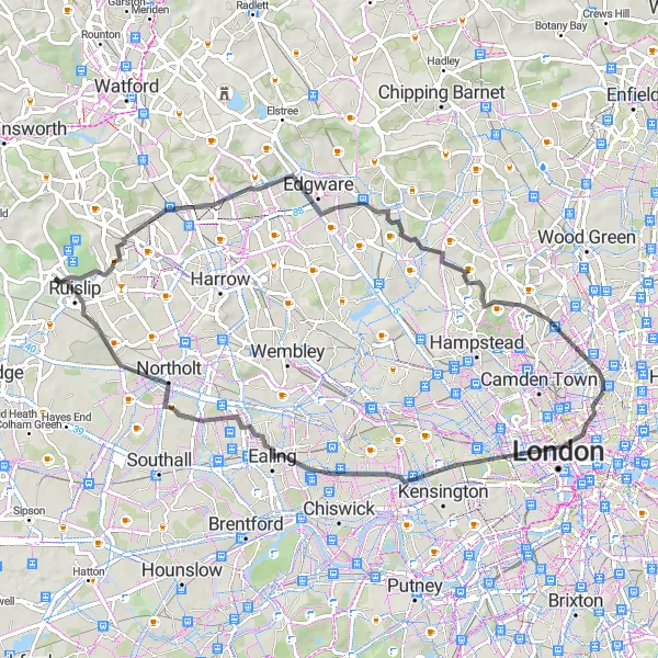 Map miniature of "Road Trip through London's Historical Landmarks" cycling inspiration in Inner London — East, United Kingdom. Generated by Tarmacs.app cycling route planner