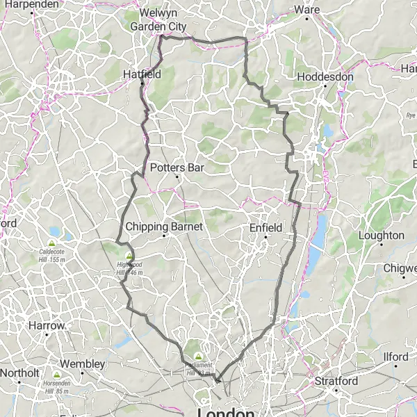 Map miniature of "Challenging Road Adventure to Historic Landmarks" cycling inspiration in Inner London — East, United Kingdom. Generated by Tarmacs.app cycling route planner