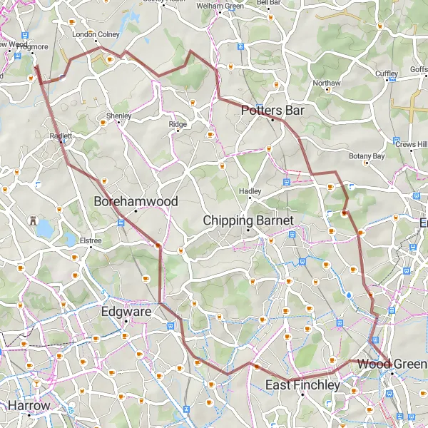 Map miniature of "Alexandra Palace and Wood Green Gravel Adventure" cycling inspiration in Inner London — East, United Kingdom. Generated by Tarmacs.app cycling route planner