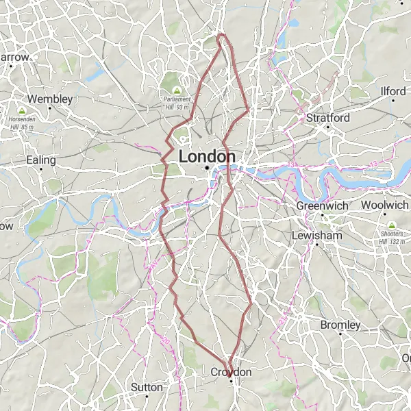 Map miniature of "Hornsey gravel adventure via Islington and Camden Town" cycling inspiration in Inner London — East, United Kingdom. Generated by Tarmacs.app cycling route planner