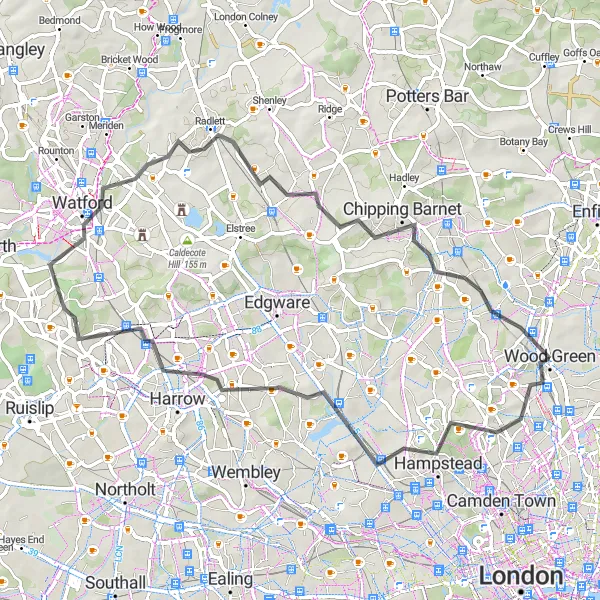 Map miniature of "Hampstead and Wood Green Loop" cycling inspiration in Inner London — East, United Kingdom. Generated by Tarmacs.app cycling route planner