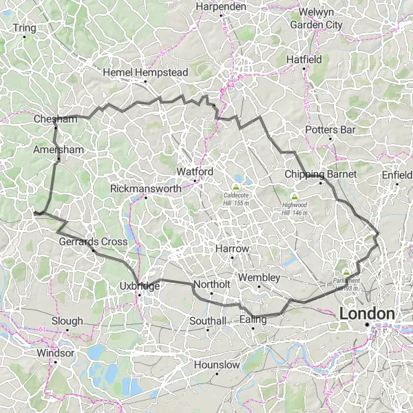 Map miniature of "Hornsey to Wood Green via Parliament Hill and Abbey Road Studios" cycling inspiration in Inner London — East, United Kingdom. Generated by Tarmacs.app cycling route planner