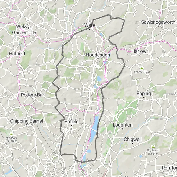 Map miniature of "Hornsey to Cuffley Loop" cycling inspiration in Inner London — East, United Kingdom. Generated by Tarmacs.app cycling route planner