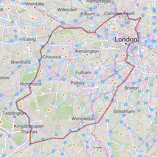 Map miniature of "Gravel Adventure through London" cycling inspiration in Inner London — East, United Kingdom. Generated by Tarmacs.app cycling route planner