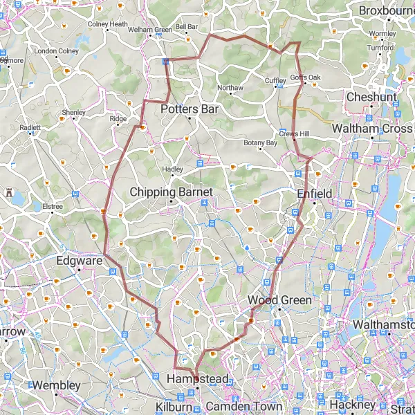 Map miniature of "The Gravel Adventure Loop" cycling inspiration in Inner London — East, United Kingdom. Generated by Tarmacs.app cycling route planner