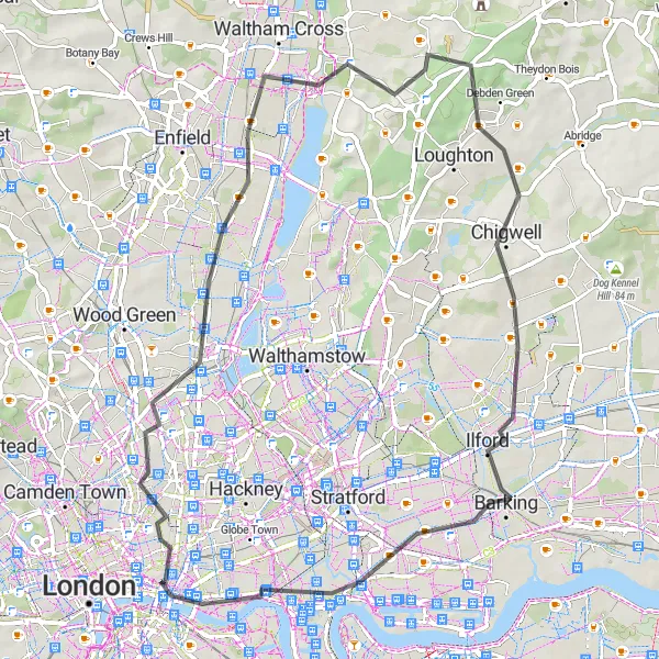 Map miniature of "Exploring East London" cycling inspiration in Inner London — East, United Kingdom. Generated by Tarmacs.app cycling route planner