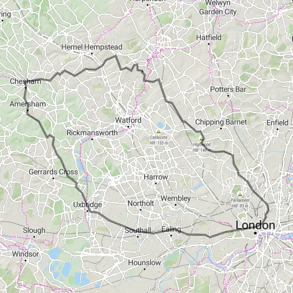 Map miniature of "London Suburban Escapade" cycling inspiration in Inner London — East, United Kingdom. Generated by Tarmacs.app cycling route planner