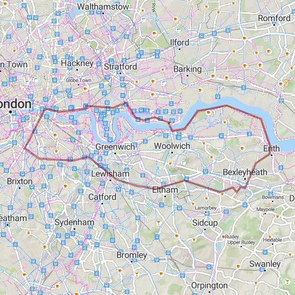 Map miniature of "Thames Estuary Gravel Ride" cycling inspiration in Inner London — East, United Kingdom. Generated by Tarmacs.app cycling route planner