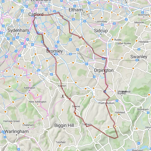 Map miniature of "Challenging Gravel Ride to Chislehurst and Pratt's Bottom" cycling inspiration in Inner London — East, United Kingdom. Generated by Tarmacs.app cycling route planner