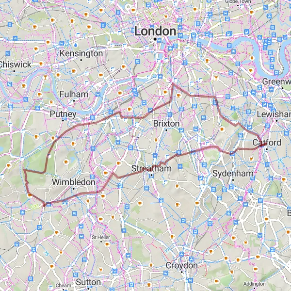 Map miniature of "Gravel Ride to Forest Hill and Wandsworth" cycling inspiration in Inner London — East, United Kingdom. Generated by Tarmacs.app cycling route planner