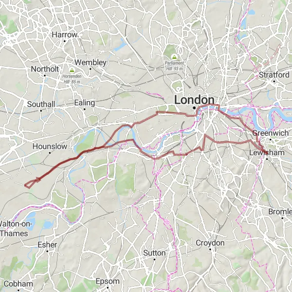 Map miniature of "Gravel Ride to Peckham and Hanworth" cycling inspiration in Inner London — East, United Kingdom. Generated by Tarmacs.app cycling route planner