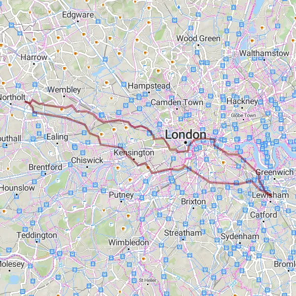 Map miniature of "Peckham to Lewisham Gravel Loop" cycling inspiration in Inner London — East, United Kingdom. Generated by Tarmacs.app cycling route planner