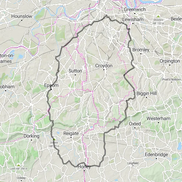 Map miniature of "South London Adventure" cycling inspiration in Inner London — East, United Kingdom. Generated by Tarmacs.app cycling route planner