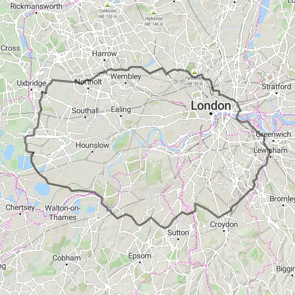 Map miniature of "Challenging Road Ride to Tower Bridge and Cricklewood" cycling inspiration in Inner London — East, United Kingdom. Generated by Tarmacs.app cycling route planner