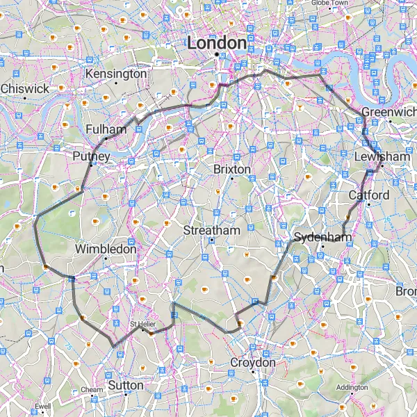 Map miniature of "Scenic Road Ride to St Helier and Putney" cycling inspiration in Inner London — East, United Kingdom. Generated by Tarmacs.app cycling route planner