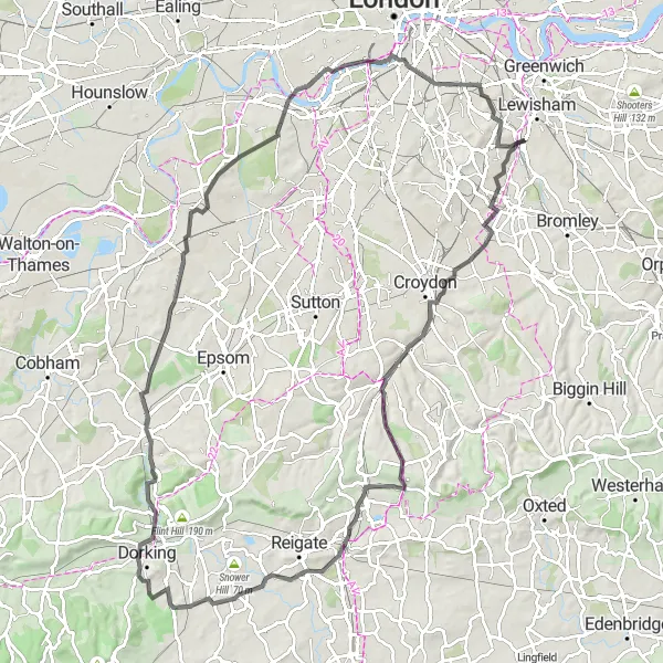 Map miniature of "Scenic Surrey Loop" cycling inspiration in Inner London — East, United Kingdom. Generated by Tarmacs.app cycling route planner