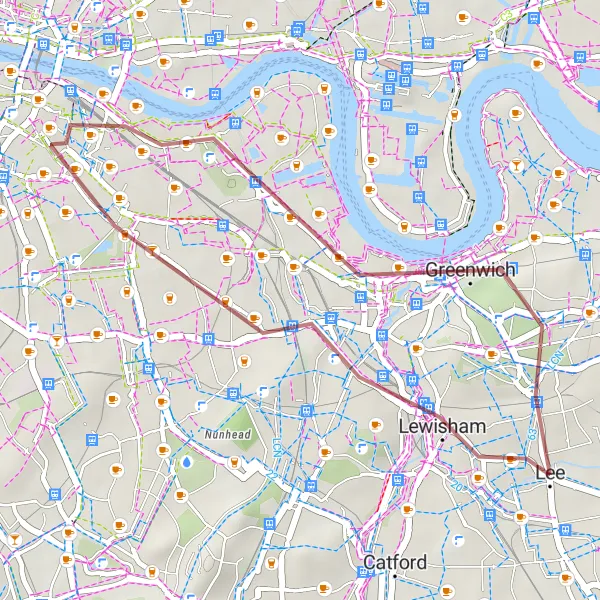 Map miniature of "Lee Gravel Trail" cycling inspiration in Inner London — East, United Kingdom. Generated by Tarmacs.app cycling route planner