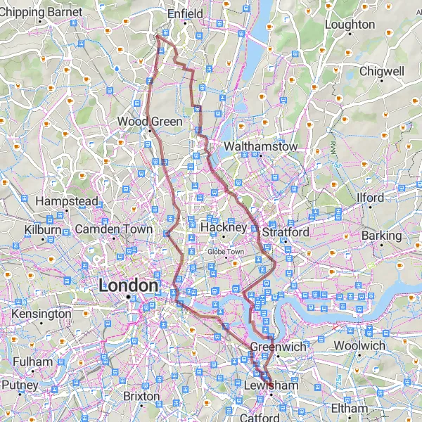 Map miniature of "London Loop - City History and Green Spaces" cycling inspiration in Inner London — East, United Kingdom. Generated by Tarmacs.app cycling route planner