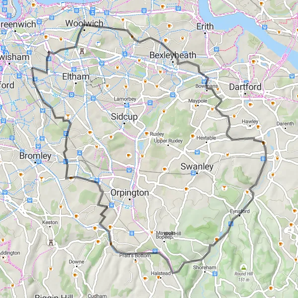 Map miniature of "Lee Countryside Road Cycling Route" cycling inspiration in Inner London — East, United Kingdom. Generated by Tarmacs.app cycling route planner