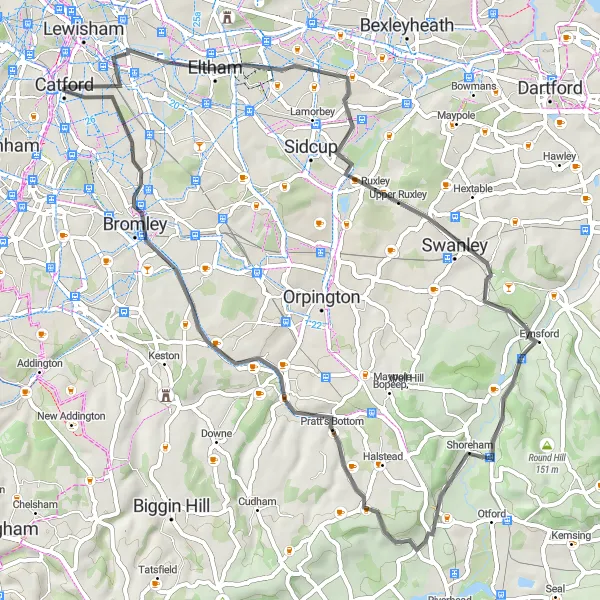 Map miniature of "Lee and Catford Loop" cycling inspiration in Inner London — East, United Kingdom. Generated by Tarmacs.app cycling route planner