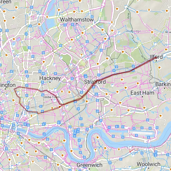 Map miniature of "Gravel Escapade" cycling inspiration in Inner London — East, United Kingdom. Generated by Tarmacs.app cycling route planner