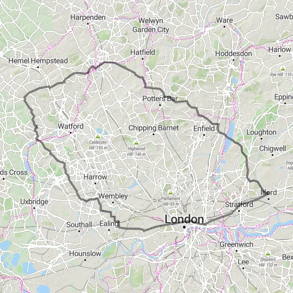 Map miniature of "The Hill Challenge" cycling inspiration in Inner London — East, United Kingdom. Generated by Tarmacs.app cycling route planner