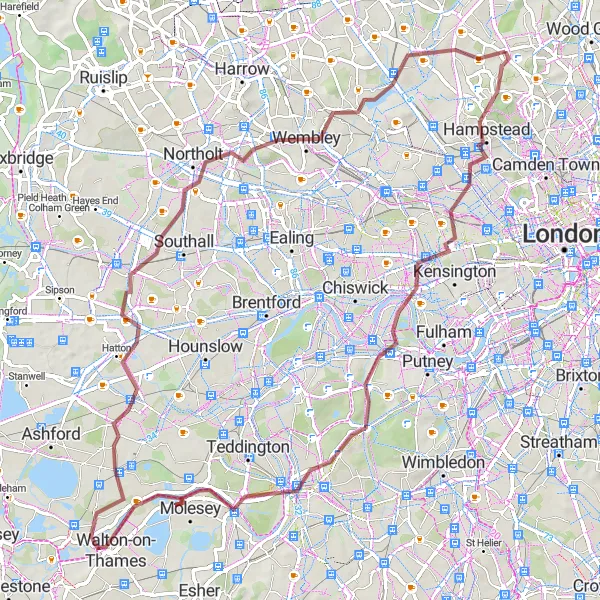 Map miniature of "Thames Valley Gravel Circuit" cycling inspiration in Inner London — East, United Kingdom. Generated by Tarmacs.app cycling route planner