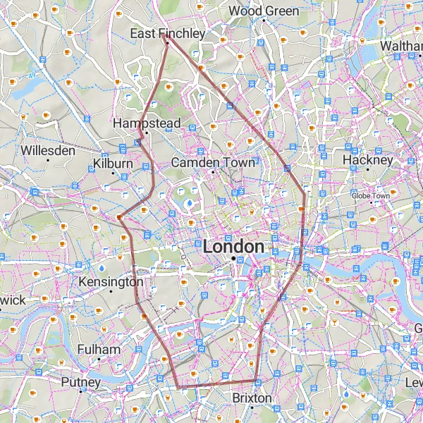 Map miniature of "London's Hidden Gems Gravel Ride" cycling inspiration in Inner London — East, United Kingdom. Generated by Tarmacs.app cycling route planner