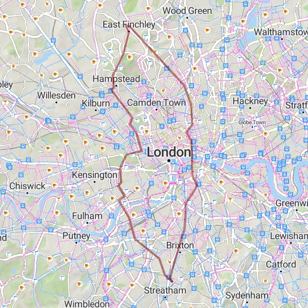Map miniature of "London Gravel Loop" cycling inspiration in Inner London — East, United Kingdom. Generated by Tarmacs.app cycling route planner