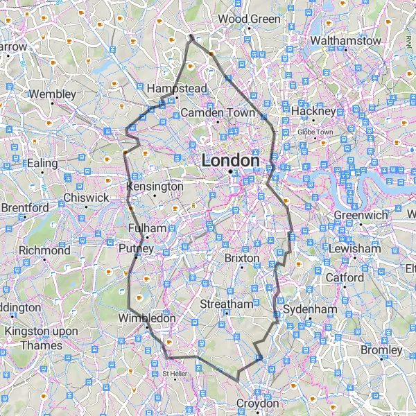 Map miniature of "Historical Trail through Hidden Neighborhoods" cycling inspiration in Inner London — East, United Kingdom. Generated by Tarmacs.app cycling route planner