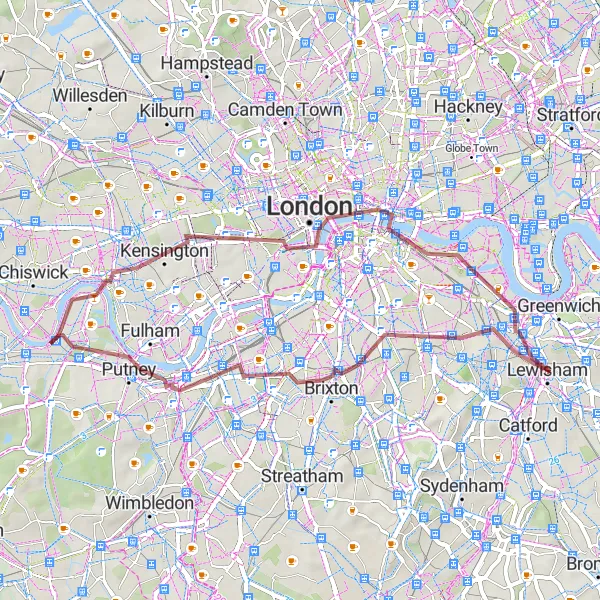 Map miniature of "Peckham and Beyond" cycling inspiration in Inner London — East, United Kingdom. Generated by Tarmacs.app cycling route planner