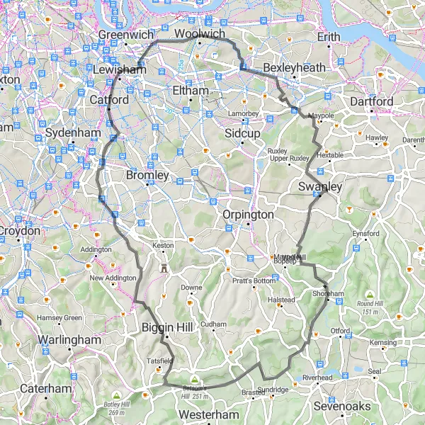 Map miniature of "Bexley Loop" cycling inspiration in Inner London — East, United Kingdom. Generated by Tarmacs.app cycling route planner