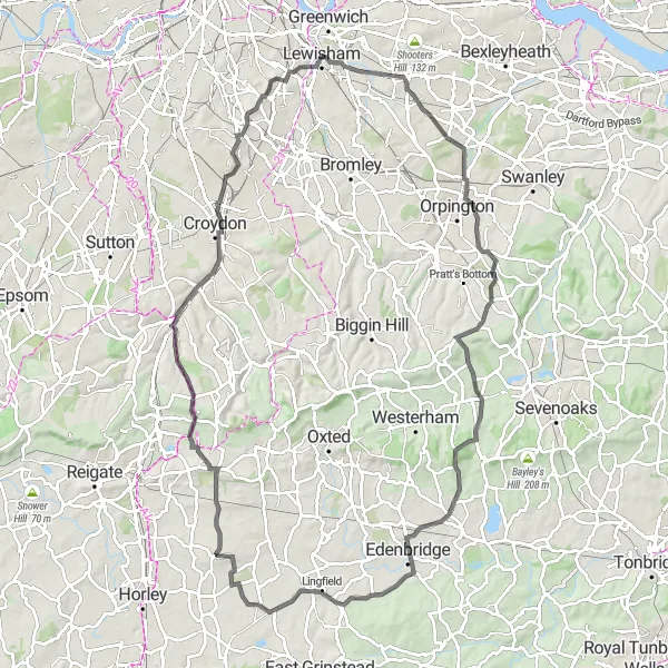 Map miniature of "Hills and Valleys" cycling inspiration in Inner London — East, United Kingdom. Generated by Tarmacs.app cycling route planner