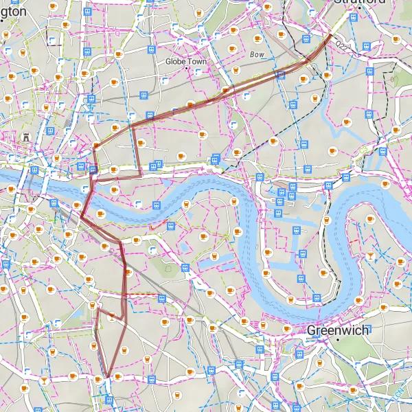 Map miniature of "Tower Bridge and Greenway Gravel Ride" cycling inspiration in Inner London — East, United Kingdom. Generated by Tarmacs.app cycling route planner