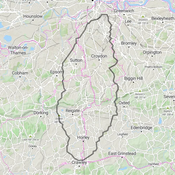 Map miniature of "The South-East Circuit" cycling inspiration in Inner London — East, United Kingdom. Generated by Tarmacs.app cycling route planner