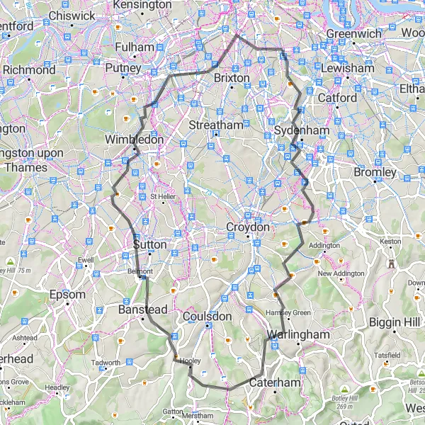 Map miniature of "Crystal Palace to Camberwell Road Cycling Loop" cycling inspiration in Inner London — East, United Kingdom. Generated by Tarmacs.app cycling route planner