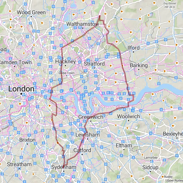 Map miniature of "Gravel Adventure through East London" cycling inspiration in Inner London — East, United Kingdom. Generated by Tarmacs.app cycling route planner