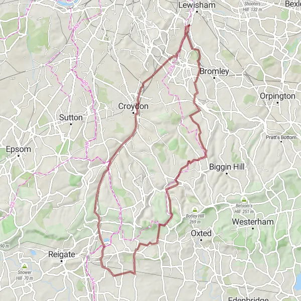 Map miniature of "Challenging Gravel Adventure: South East London" cycling inspiration in Inner London — East, United Kingdom. Generated by Tarmacs.app cycling route planner