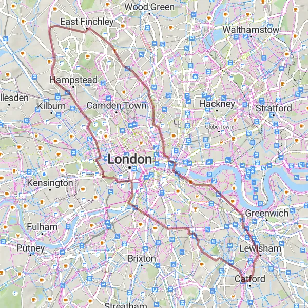 Map miniature of "Gravel Adventure via Buckingham Palace Viewpoint" cycling inspiration in Inner London — East, United Kingdom. Generated by Tarmacs.app cycling route planner