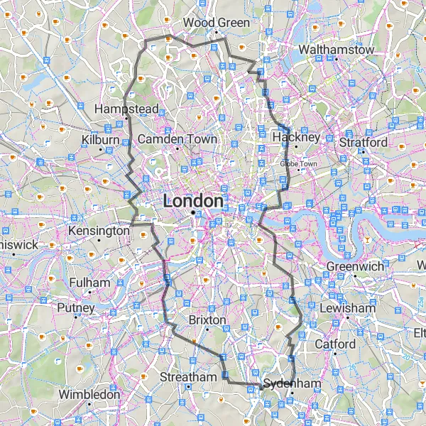 Map miniature of "Historical Road Adventure: South London" cycling inspiration in Inner London — East, United Kingdom. Generated by Tarmacs.app cycling route planner