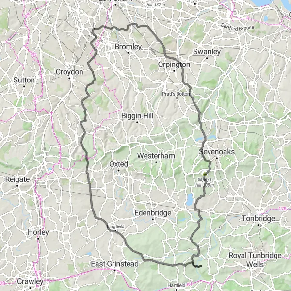 Map miniature of "Challenging Route via Sydenham to Penge" cycling inspiration in Inner London — East, United Kingdom. Generated by Tarmacs.app cycling route planner