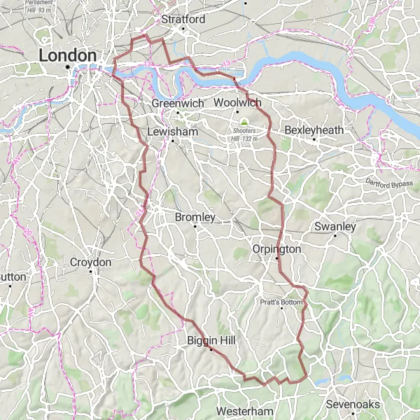 Map miniature of "Gravel Adventure through East London" cycling inspiration in Inner London — East, United Kingdom. Generated by Tarmacs.app cycling route planner