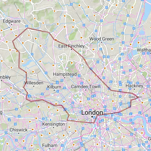Map miniature of "Gravel Adventure to Islington" cycling inspiration in Inner London — East, United Kingdom. Generated by Tarmacs.app cycling route planner