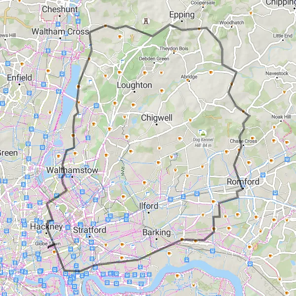 Map miniature of "Historic East London Loop" cycling inspiration in Inner London — East, United Kingdom. Generated by Tarmacs.app cycling route planner