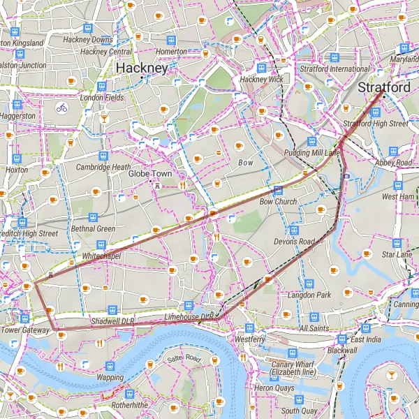 Map miniature of "London Landmarks Gravel Ride" cycling inspiration in Inner London — East, United Kingdom. Generated by Tarmacs.app cycling route planner