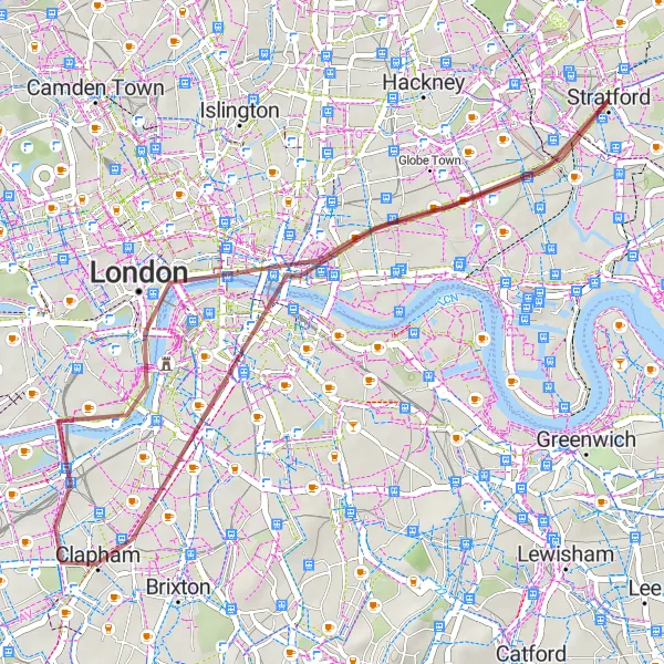 Map miniature of "The Lookout Gravel Adventure" cycling inspiration in Inner London — East, United Kingdom. Generated by Tarmacs.app cycling route planner