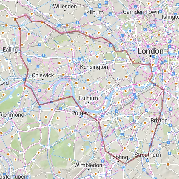 Map miniature of "River Thames and Richmond Park Gravel Ride" cycling inspiration in Inner London — East, United Kingdom. Generated by Tarmacs.app cycling route planner