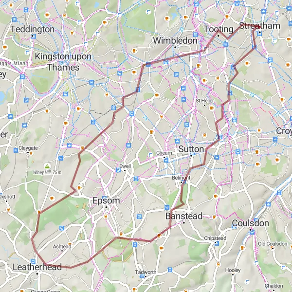 Map miniature of "Surrey Hills Gravel Escape" cycling inspiration in Inner London — East, United Kingdom. Generated by Tarmacs.app cycling route planner